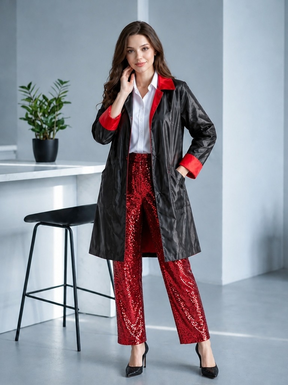 Linea Donatella Women’s Fully Reversible, Black & Red, Evening Coat